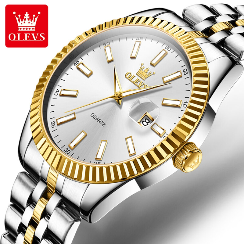 OLEVS Aço Inoxidável Round-Dial Quartz Watch, Moda Pulseira, Calendário Luminoso Presente, 5593