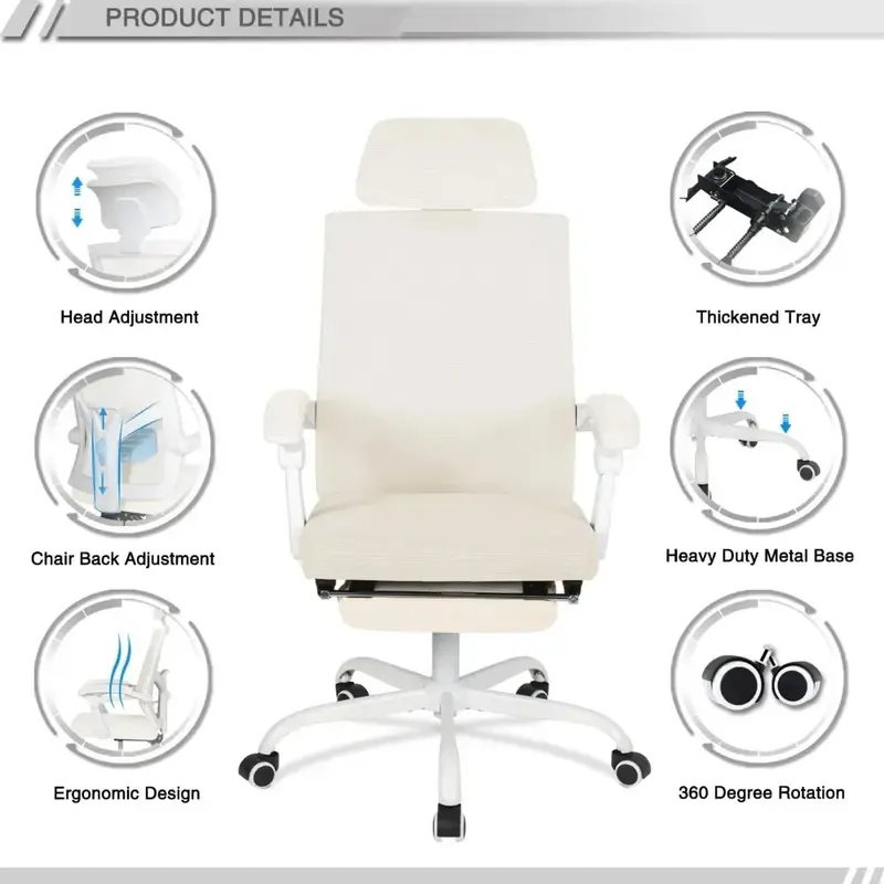 Siateczkowy ergonomiczne krzesło biurowe Qulomvs z podnóżkiem biurko do pracy w domu fotel z zagłówkiem i oparciem 90-135 regulowany