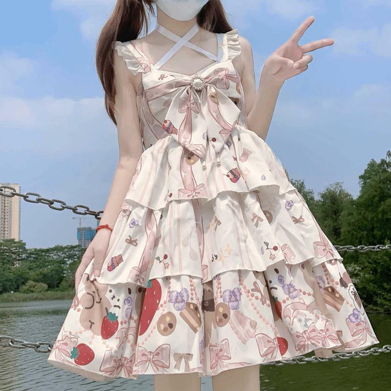 Kawaii-vestido doce lolita jsk com babados e arco para meninas, vestido de verão com estampa dos desenhos animados, para festa do chá, harajuku, chique