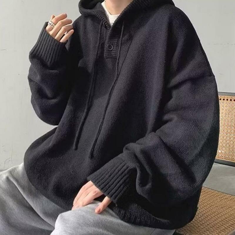 Men Autumn Winter Hooded Sweater Soft High Elastic Solid Color Loose Fit Pullover Sweater Outerwear Clothing