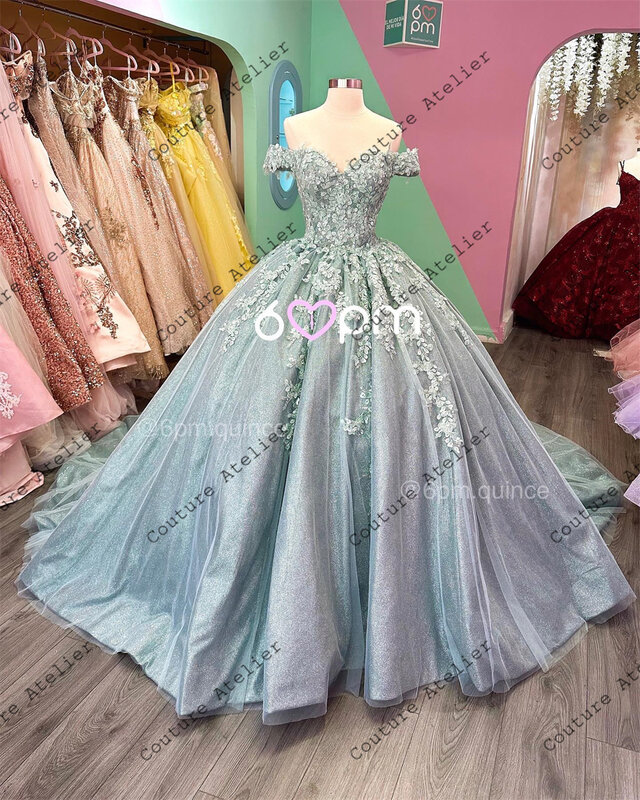 Shinny Off The Shoulder Lace Appliques Quinceanera Dresses For Girl Ball Gown Dress For Sweet 15 16 vestidos Princess vestidos