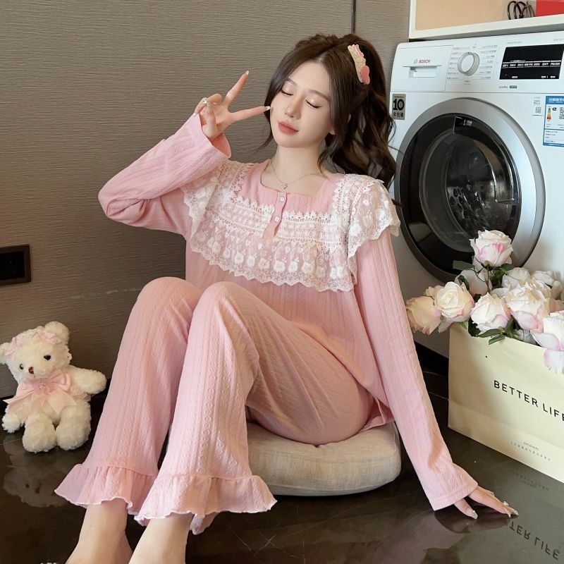 Pijama de algodón peinado con cuello cuadrado para mujer, conjunto de ropa de dormir de encaje, estilo coreano, talla grande, traje de casa, novedad de 2024