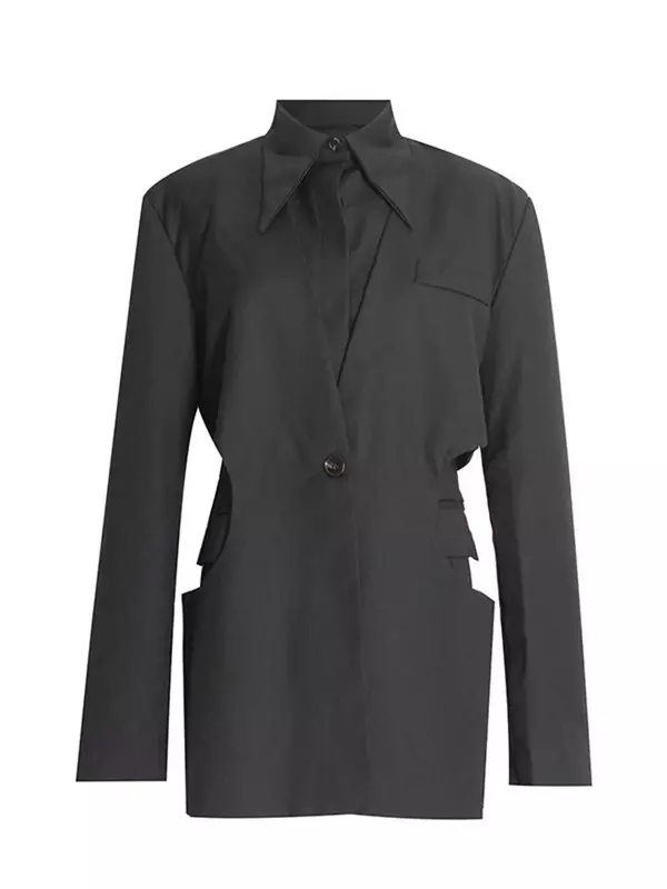 女性のためのフォーマルな黒のブレザージャケット、オフィスの女性、ビジネスの仕事の服、流行の女の子のシャツ、襟のコート、秋、女性のスーツ、1個