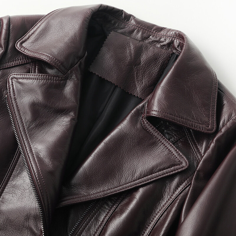 Женская короткая куртка из натуральной кожи, винно-красная мотоциклетная куртка из овечьей шкуры, весна-осень 2023