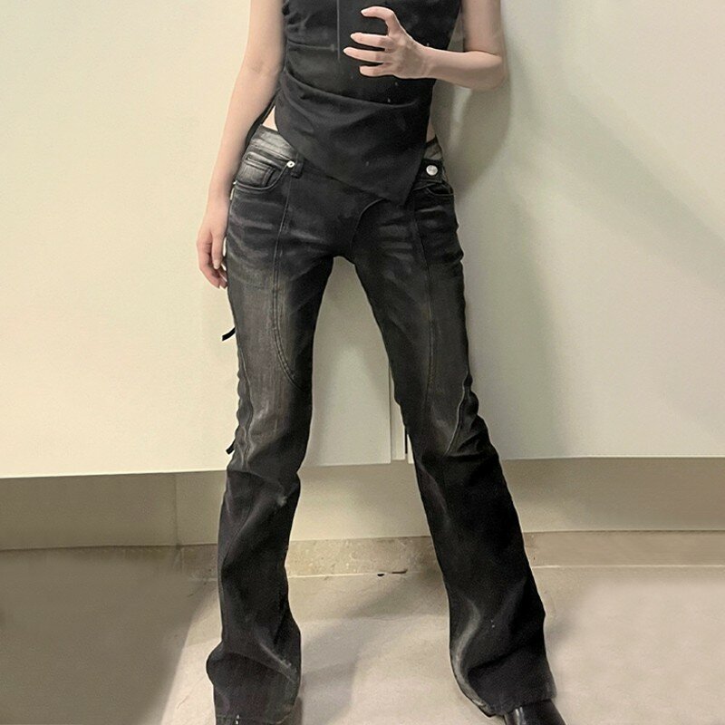 Винтажные состаренные джинсы Karrram с низкой талией, гранж, асимметричные джинсовые брюки с талией, модные черные расклешенные джинсы в Корейском стиле, уличная одежда Kpop