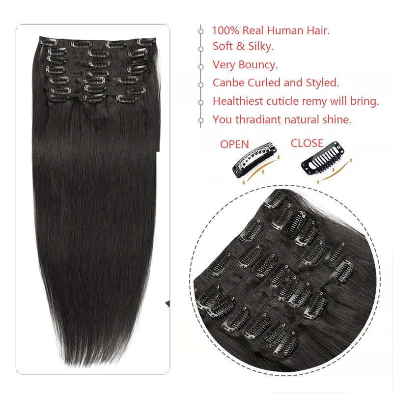 Накладные волосы на клипсе, Натуральные Черные Накладные человеческие волосы с двойным переплетением, накладные волосы для женщин 16-20 дюймов, волосы без повреждений