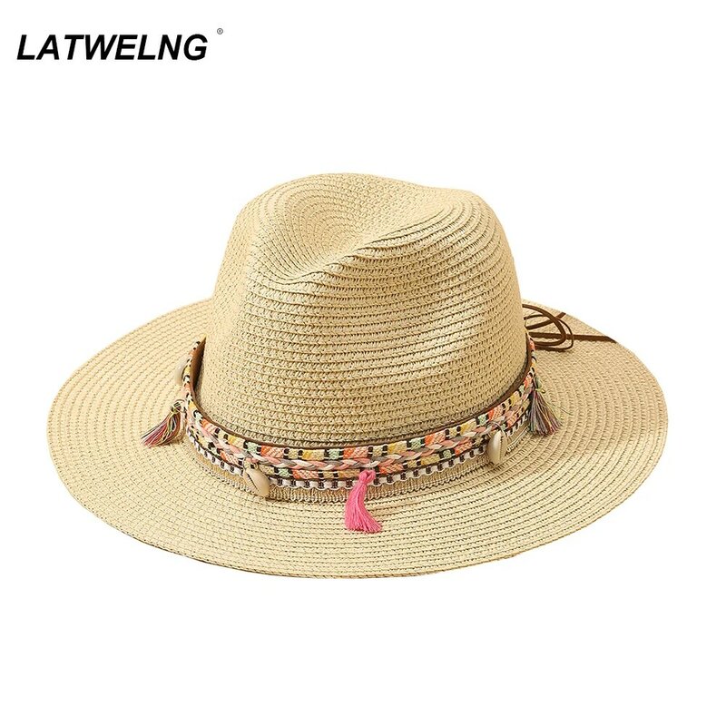 2022 eleganti cappelli da spiaggia con nappe per donna cappelli da festa cappello da sole da donna cappelli di paglia estivi cappello da viaggio pieghevole con protezione UV