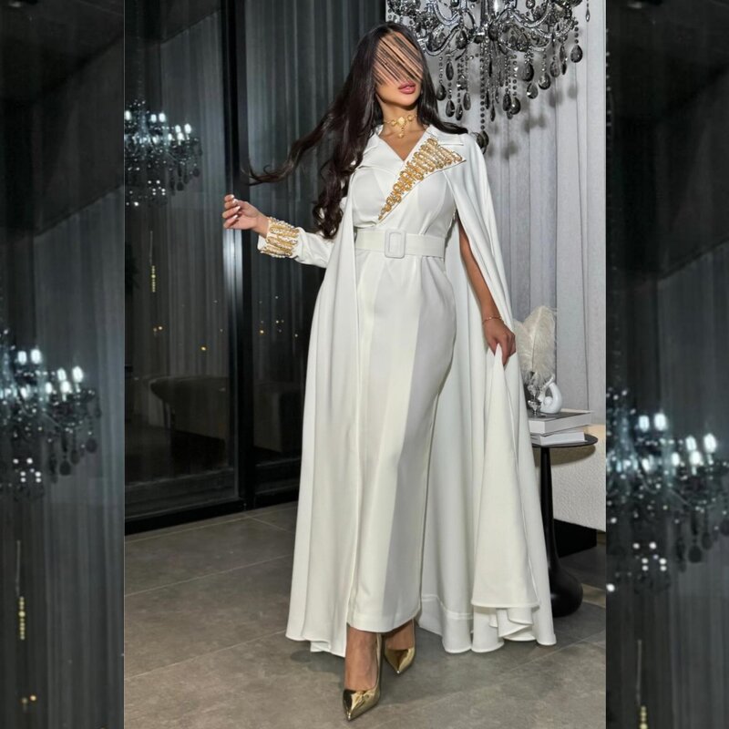 Gaun Prom malam Arab Saudi selempang lebar Formal selubung V-neck Bespoke gaun acara Midi es
