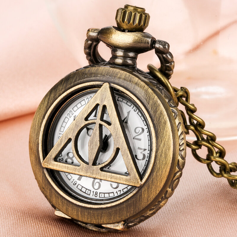 Relógios masculinos de bolso e fob de bronze, tamanho pequeno, padrão hallow da morte, caixa triangular oca, relógio, colar, corrente, retrô