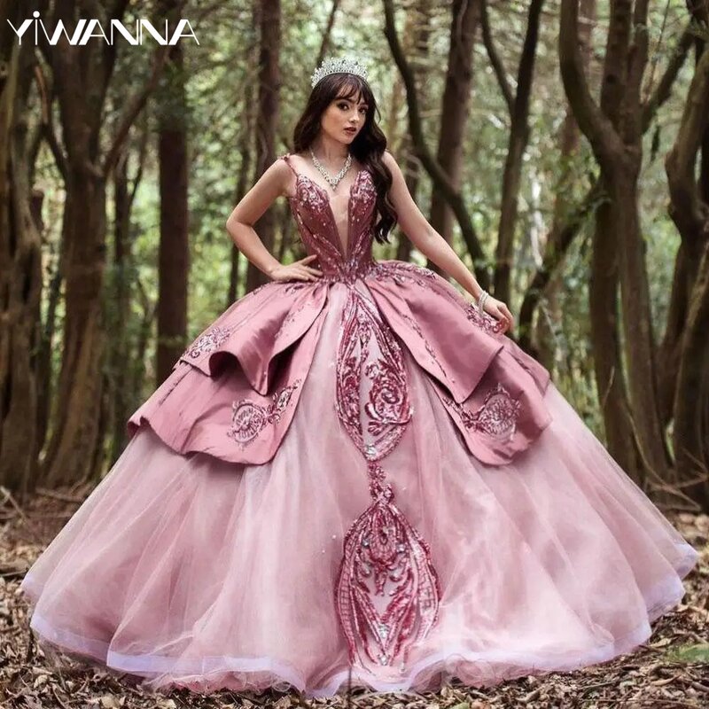 Sexy tiefe V-Ausschnitt Quince anrra Ballkleider Glitzer Pailletten Applikationen Prinzessin lange rosa abgestufte süße 16 Kleid Vestidos