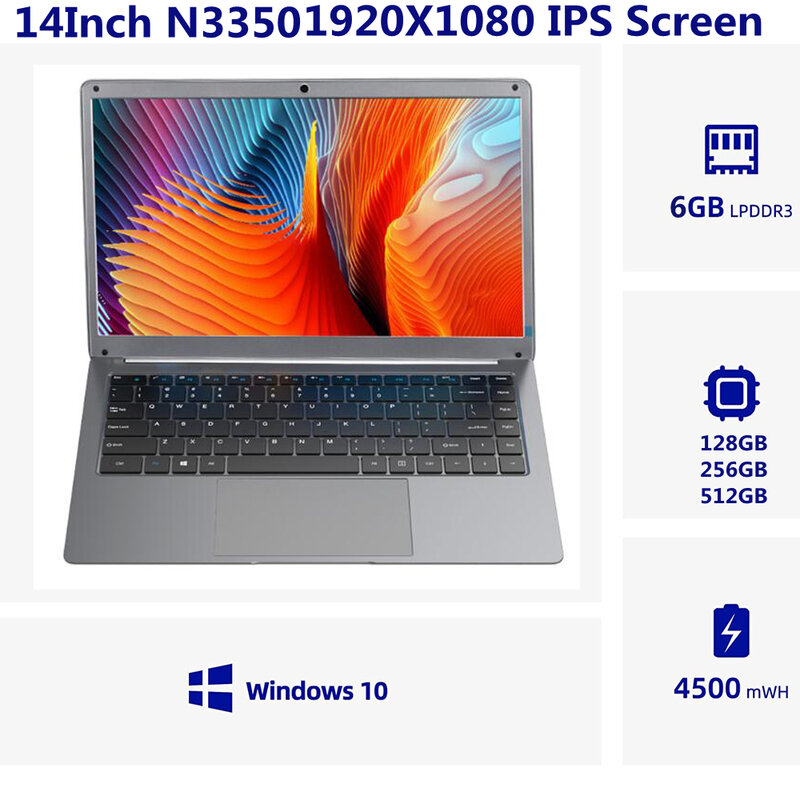 Compute-ordenador portátil barato, de 14 pulgadas Notebook con pantalla IPS, 6GB, DDR3, 128G, 256GB, SSD, Intel Celeron N3350, Windows 10 Pro