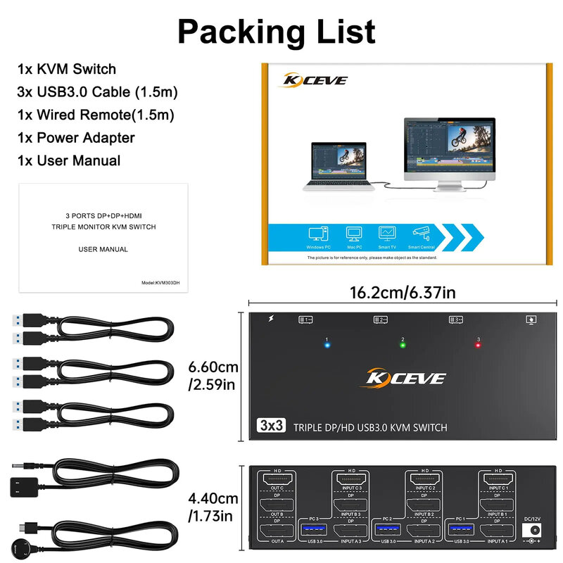 Switch KVM Ultra HD, 3 monitores, HDMI + 2 Displayport, Monitor triplo para 3 computadores, 4 dispositivos USB 3.0, 8K