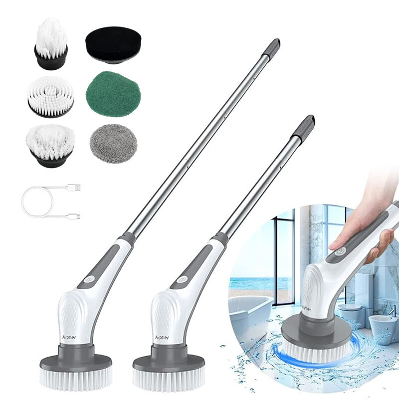 Escova de limpeza sem fio, purificador elétrico, 3 cabeças de escova substituíveis para banheira e piso, 360 Power Scrubber, 7 em 1
