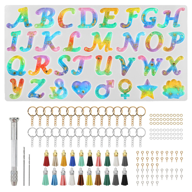 Kit di stampi in resina alfabeto stampi in Silicone per colata in resina Set di portachiavi in resina con stampi epossidici per lettere e ornamenti fai da te