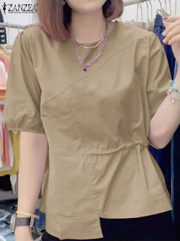 ZANZEA holgada-Blusa de manga corta con cuello redondo para mujer, camisa informal elegante para fiesta y vacaciones, verano, 2024, 2024