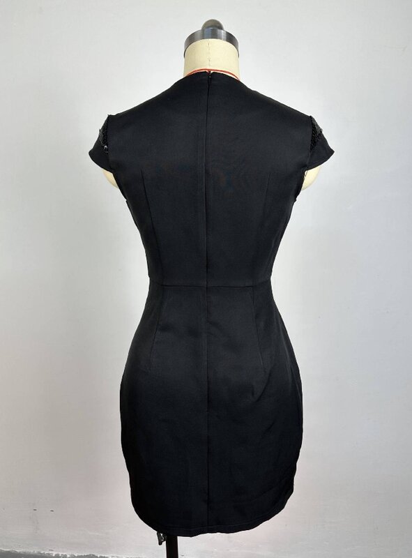 Women Dress 2024 Elegant Slim Pockets Mini Dress O-Neck Sequin Patch Short Sleeve A-Line Dresses Office Lady Chic Black Skirt