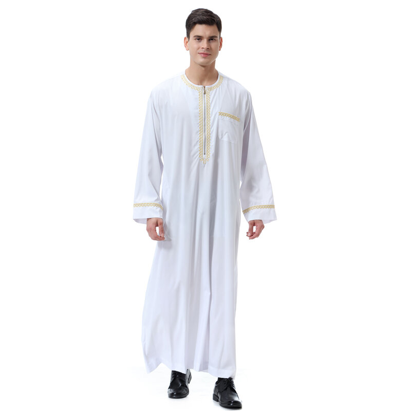 Uomini musulmani maniche lunghe colletto tondo ricamo cerniera abito arabo maschio adulto lunghezza caviglia Thobe Ramadan Eid vestiti