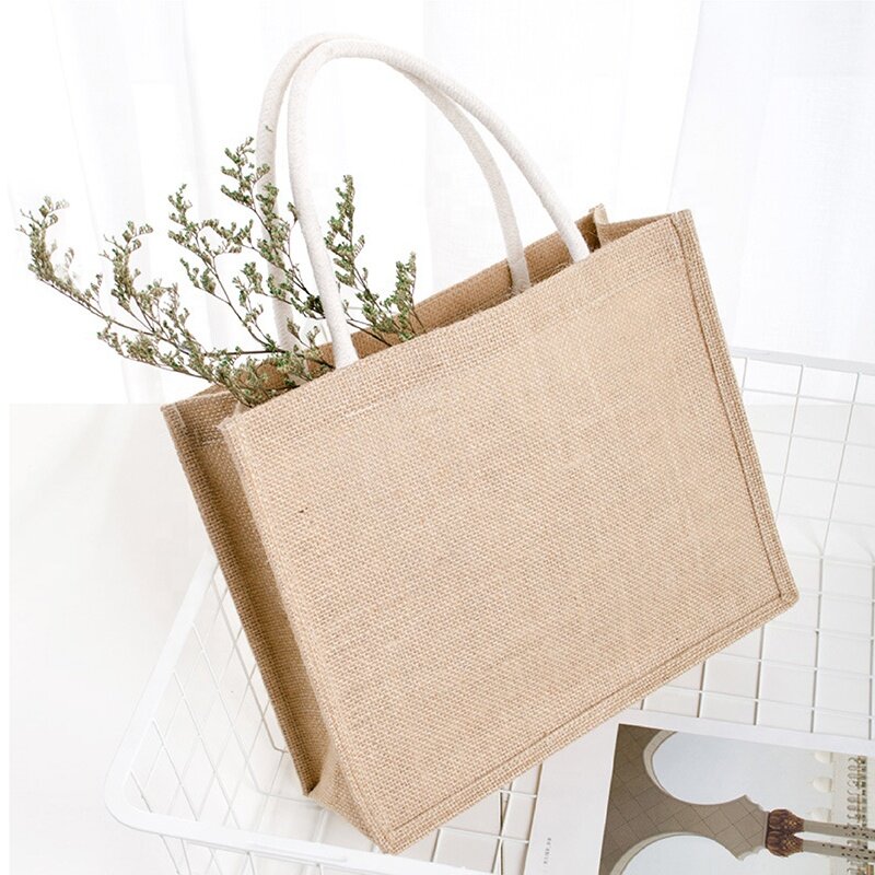 Экологичная пляжная сумка-тоут квадратной формы с напечатанным логотипом на заказ, ламинированная холщовая хлопчатобумажная сумка-тоут для покупок из джута