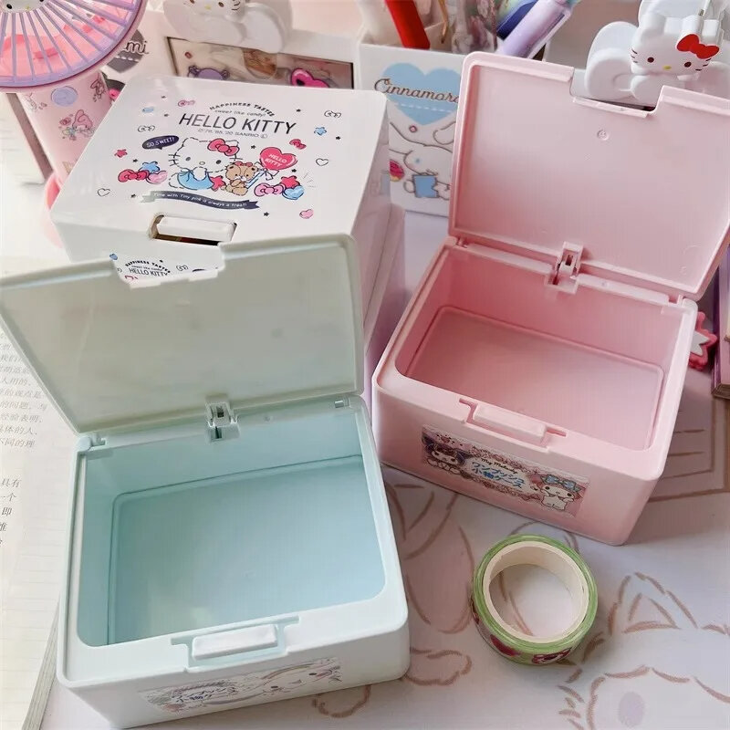 Hellokitty Sanrio Melody Kuromi One Push One Touch, tapa abierta, accesorio, estuche de cosméticos, hisopo de algodón, prensa, caja de maquillaje Pop