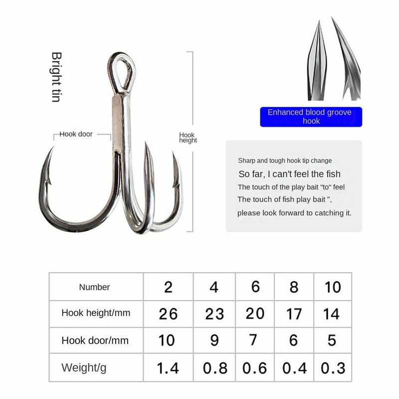 10pcs Treble Jig Fishhooks Lure Fishing Tackle Barbed Hooks Sharpness high brightness Tin fishing Triple anchor hook Outdoor