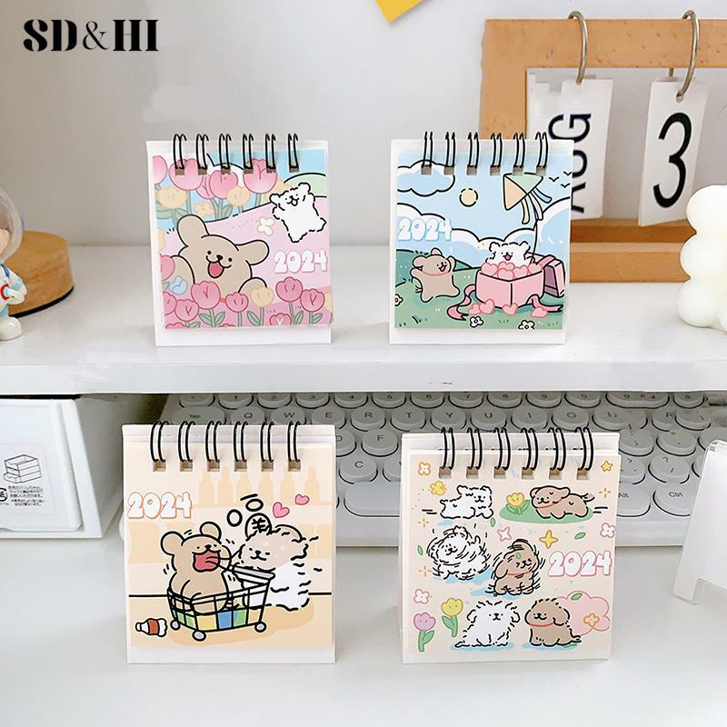 Mini Desktop Calendar, Cute Cartoon Puppy Series, Mesa Pequena, Portátil, Kawaii, Material de Escritório, Estudante, 2024