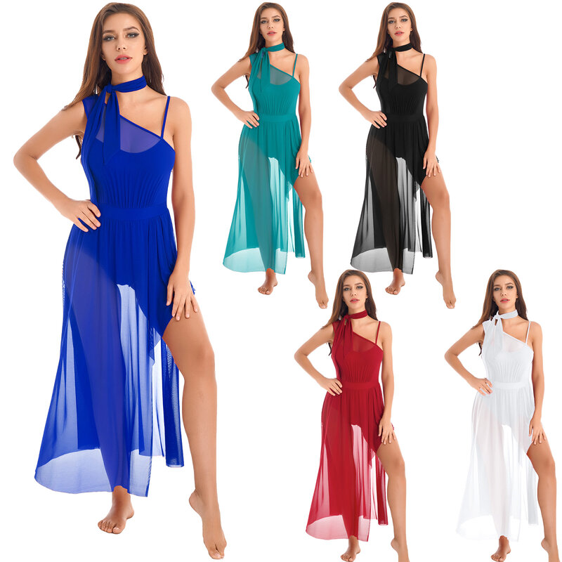Womens Lyrical Dance Dress Sheer Mesh Sleeveless Ballet Tutu Leotard Dance Dresses With Neckerchief Modern Dancewear 2022 New