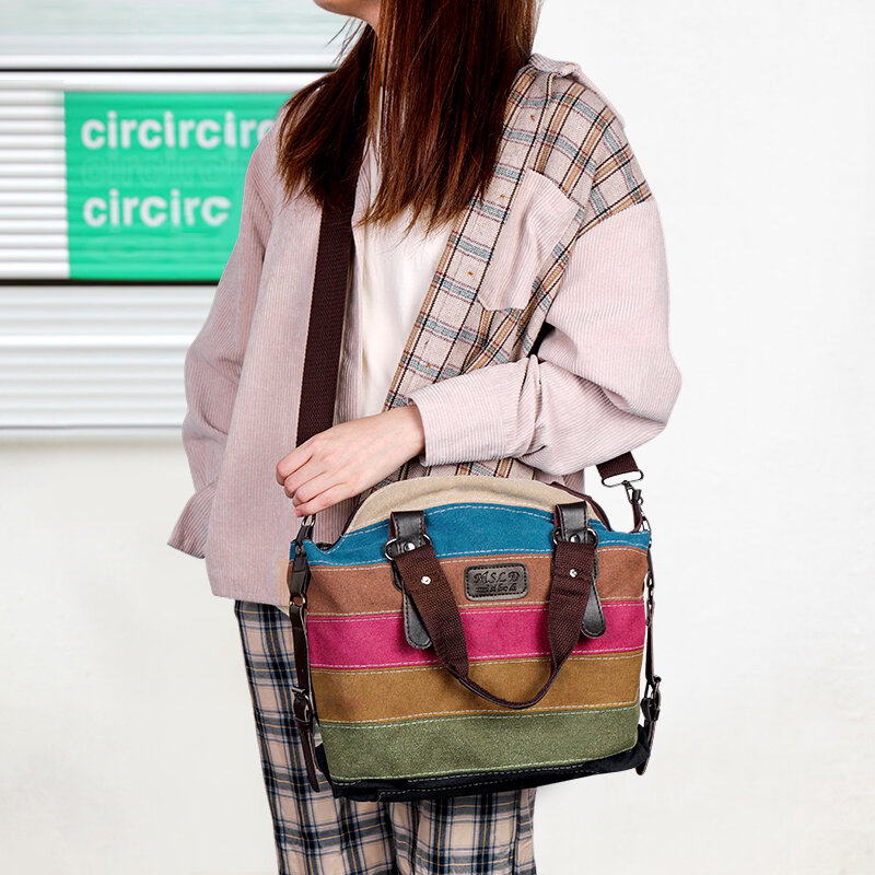 Heiß verkaufen Damenmode Handtasche Patchwork Regenbogen eine Schulter Leinwand Umhängetasche große Kapazität Reisetasche