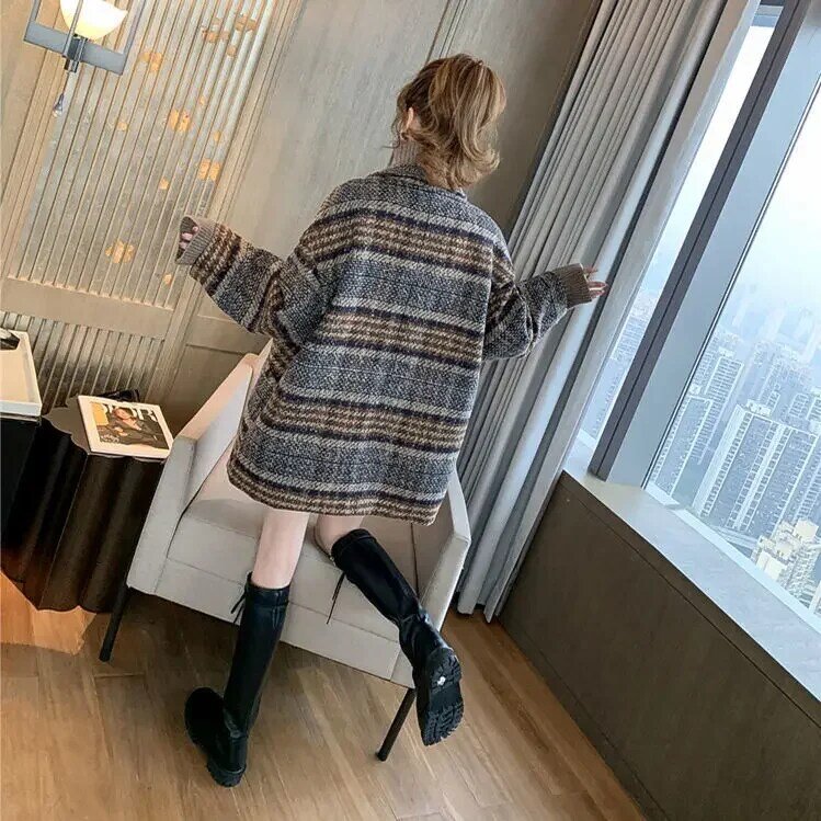 Женская кашемировая короткая куртка в клетку, Классическая винтажная коричневая свободная двубортная хлопковая куртка в Корейском стиле, Осень-зима 2022