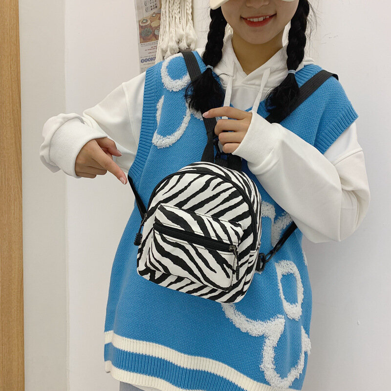 Tas punggung kecil kasual untuk wanita, tas belanja motif garis Zebra, ransel Mini, tas ransel kasual lucu untuk pelajar perempuan