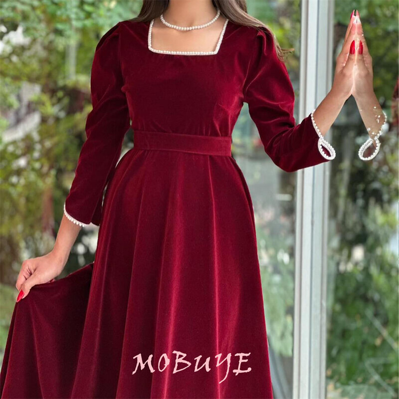 MOBUYE-vestido feminino de baile com gola quadrada, comprimento do chão, mangas compridas, moda noturna, elegante vestido de festa, popular, 2022