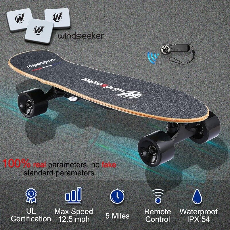Skateboard électrique avec télécommande, planche à roulettes électrique pour débutants, moteur sans balais 350W, max 12.4 mph