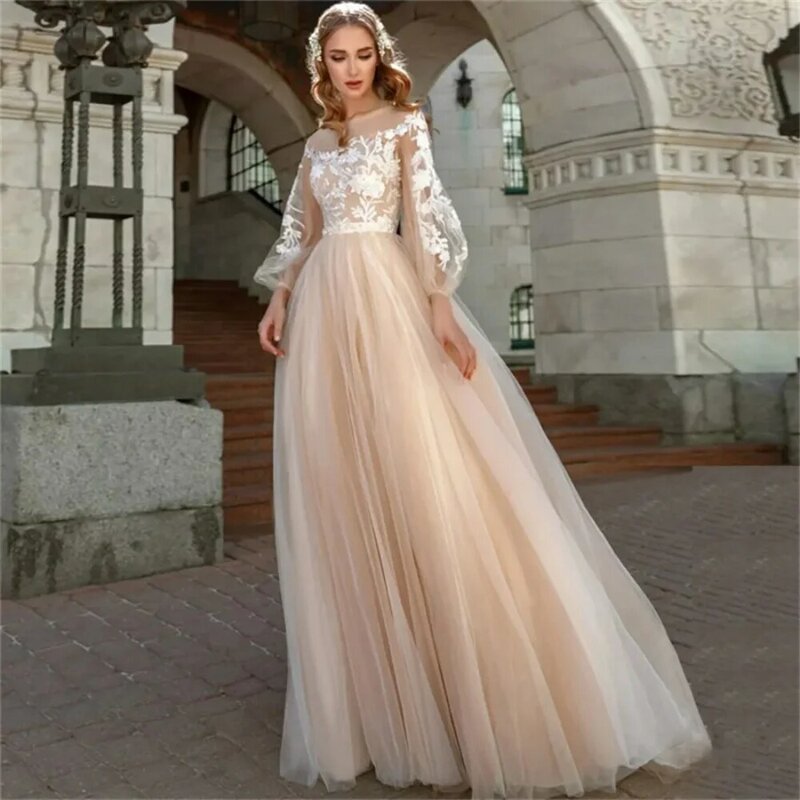 Ładna ślubna sukienka z dekoltem i bufiastymi długimi rękawami w kształcie litery na guziki z tyłu szata z wesele sukienka 2024 Vestidos de gala mujer