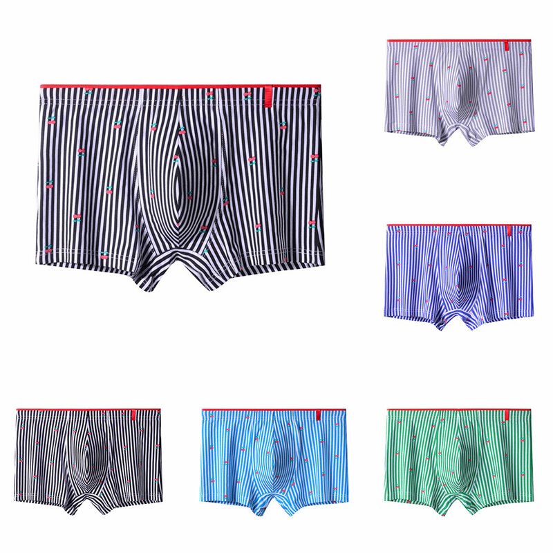 Men Breathable Comfy Cotton Home Shorts Boxer Briefs Stripe Underpant Underwear Plus Size Absorbent Elastic Pantie Scrotum Bulge