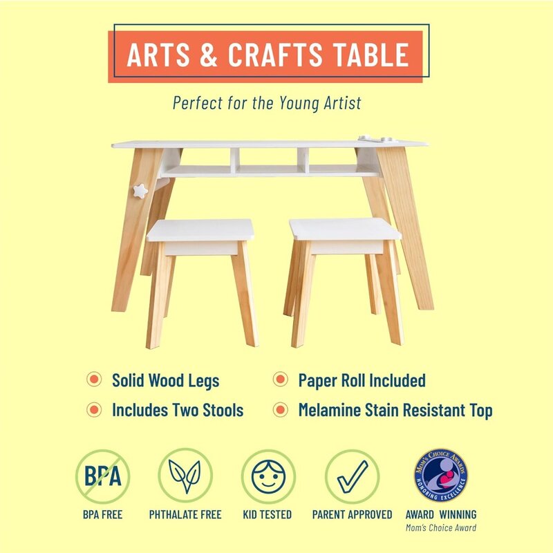 Kids Arts and Crafts Table Set for Boys and Girls, Mid Century Modern Design Table Includes Two Stools