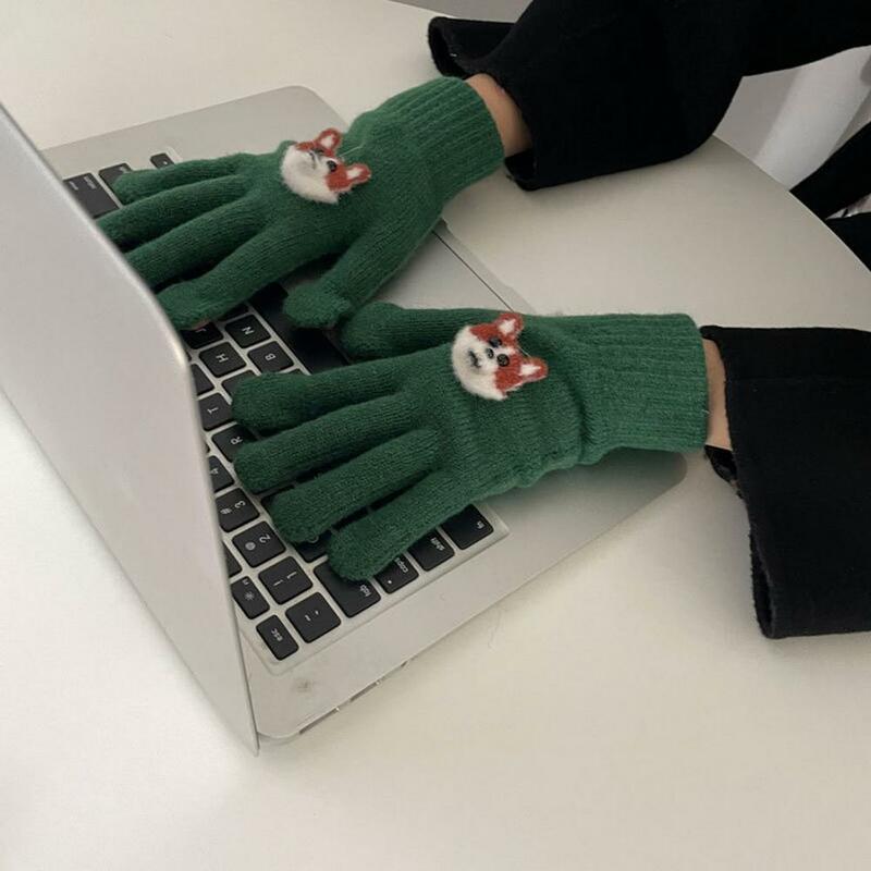 Rękawice do przechowywania ciepła damskie zimowe rękawiczki z kreskówkowym haft ze wzorem zwierzęcia gruba dzianina ciepłe miękkie elastyczne pięć palców wiatroszczelne