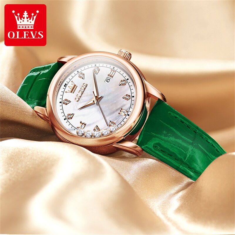 OLEVS jam tangan kuarsa wanita, arloji tali kulit berlian modis tahan air dengan kalender, jam tangan kecantikan hadiah