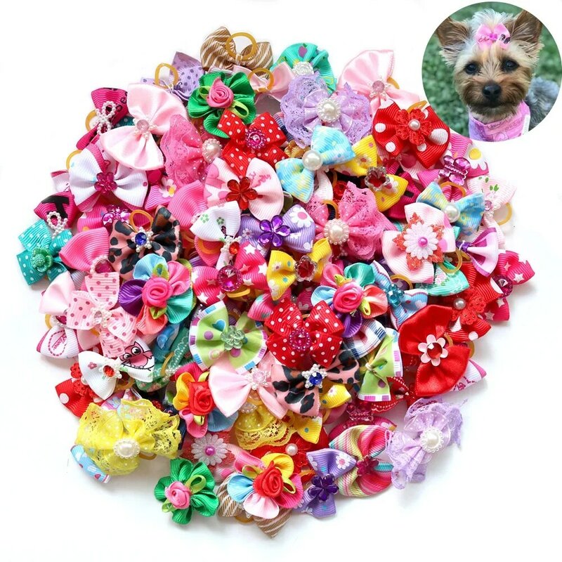 100X Handmade Nice Pet Dog Hair Bows for Puppy Small Dogs Grooming Bows Dog Hair Accessories Pet Supplies for Dogs Wedding Party