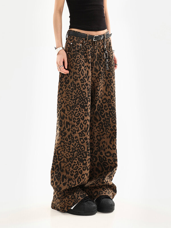 Damen Retro Leoparden muster Straight Jeans Streetwear Jeans hose Vintage Damen hose Street Style Baggy Hose mit weitem Bein