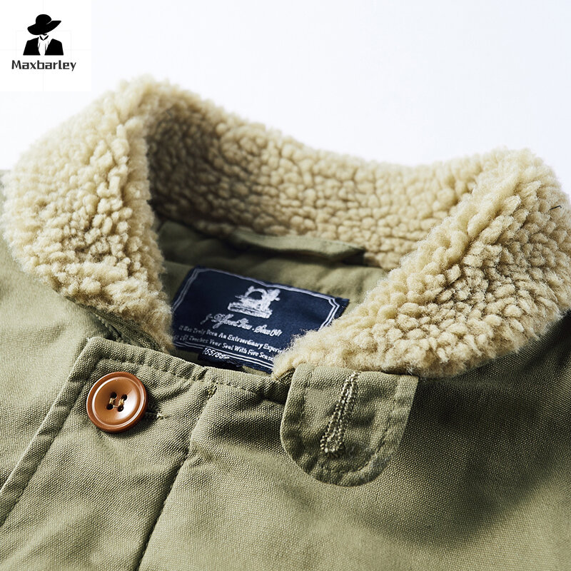 Jaqueta de lã grossa vintage masculina, casaco quente, parka de gola de pele, macacão de esqui, alta qualidade, moda, inverno