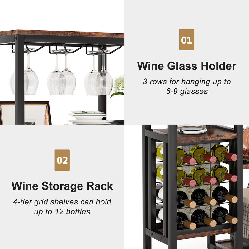 Tribesigns 와인 랙 프리 스탠딩 플로어, 유리 거치대 및 와인 저장고가 있는 5 단 와인 베이커 랙, 산업용 와인 디스플레이 선반