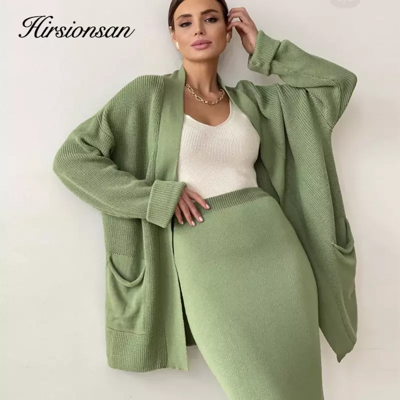 Hirsionsan Soft Vintage Lace Up Women Suits 2 Pieces Female Sets with Belt V Neck Cardigan & Midi Dress Ladies Knitted TrackSuit