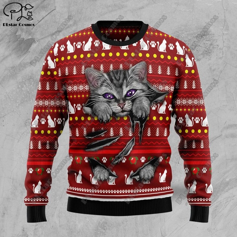 New 3D printed Christmas elements Christmas tree Santa Claus pattern art print ugly sweater street casual winter sweater S-4