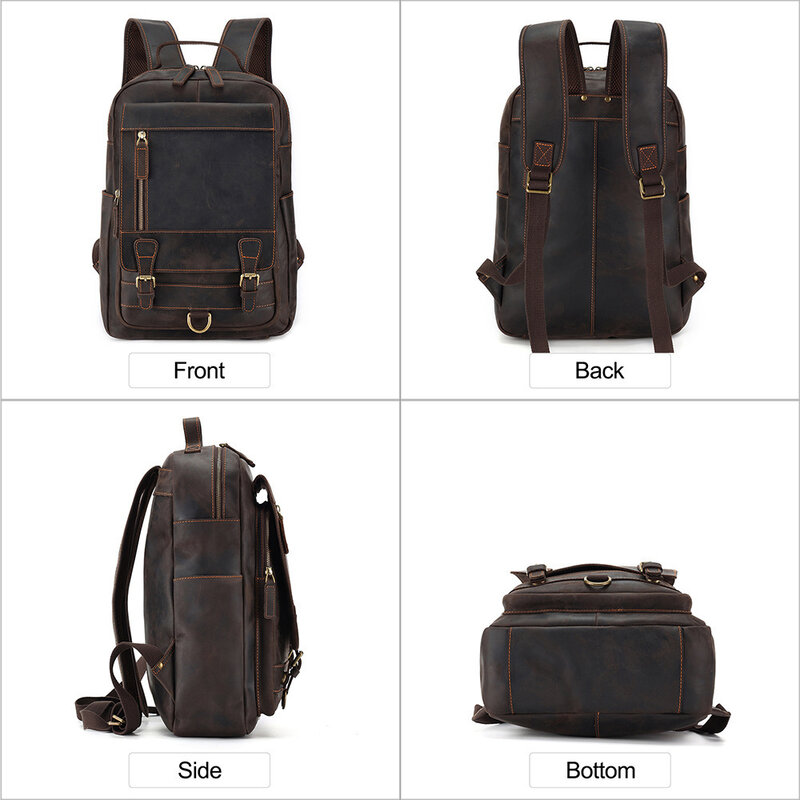 Vintage Crazy Horse Leather Men's Backpack Large Capacity Travel Bags 15.6inch Laptop Computer Bag Schoolbag New