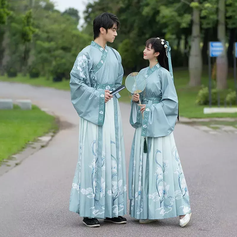 Original WeiJin Dynasty Couple Hanfu Dress Blue Embroidery Gradient Hanfu Dress  Adult Carnival Costume for Men Women Plus Size