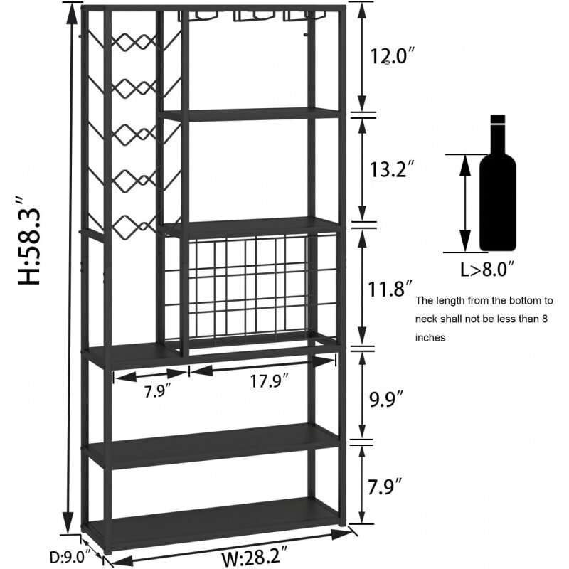 Высокий винный шкаф для бара, 5-уровневый промышленный ликер со стеклянным держателем и хранилищем, металлический фотошкаф для фермерского дома