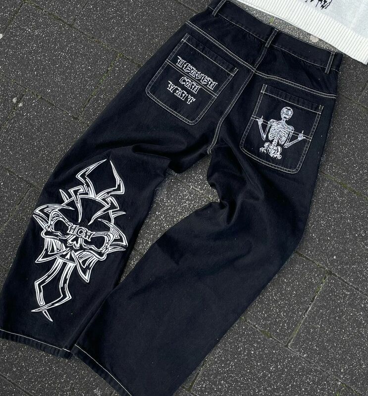 Y2K Jeans Wanita Kaki Lebar Jalan Raya Celana Hip-Hop Kasual Celana Panjang Pria Celana Kasual Longgar Bordir Tengkorak Retro Dicuci