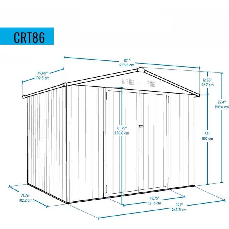 Metal outdoor galvanized steel storage shed with double locking doors, backyard storage, used for lawns, gardens, and camping