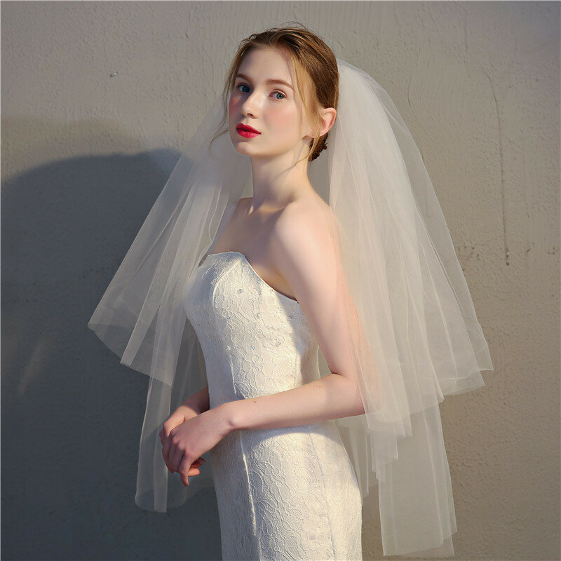 Cut Edge Two Layers Wedding Bridal Veil with Comb Cheap Voile Mariage Welon Accessories