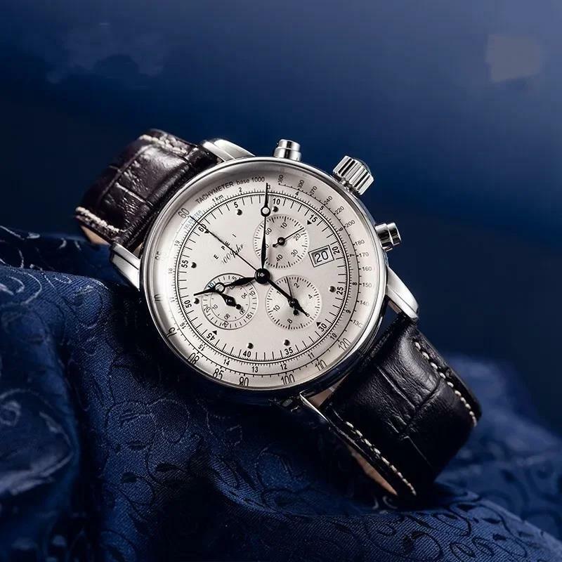 Zeppelin jam tangan Zeppelin series, jam tangan kuarsa kulit asli kronograf multifungsi tiga mata modis mewah