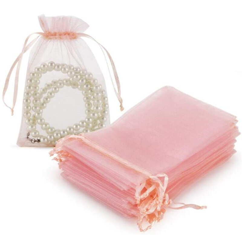 Bolsa pequeña de Organza rosa con cordón para joyería, embalaje para envolver pendientes, organizador de negocios de boda, 50 unidades